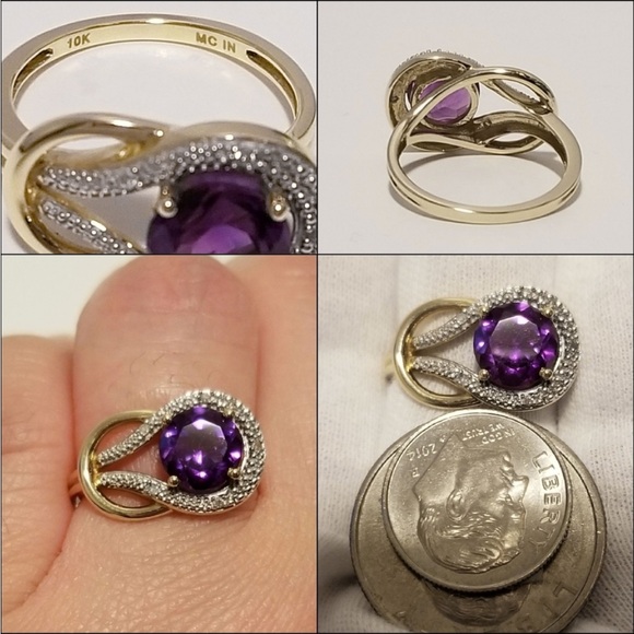 Solid Real 10K Gold Amethyst & Diamonds Ring 10KT - Picture 2 of 2